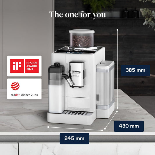 De'Longhi Rivelia EXAM440.55.W, Fully Automatic Coffee Machine with LatteCrema Hot, Automatic Milk Frother, Compact Size Bean to Cup Coffee Machine, 16 Recipes, Touch Colored Display, Arctic White