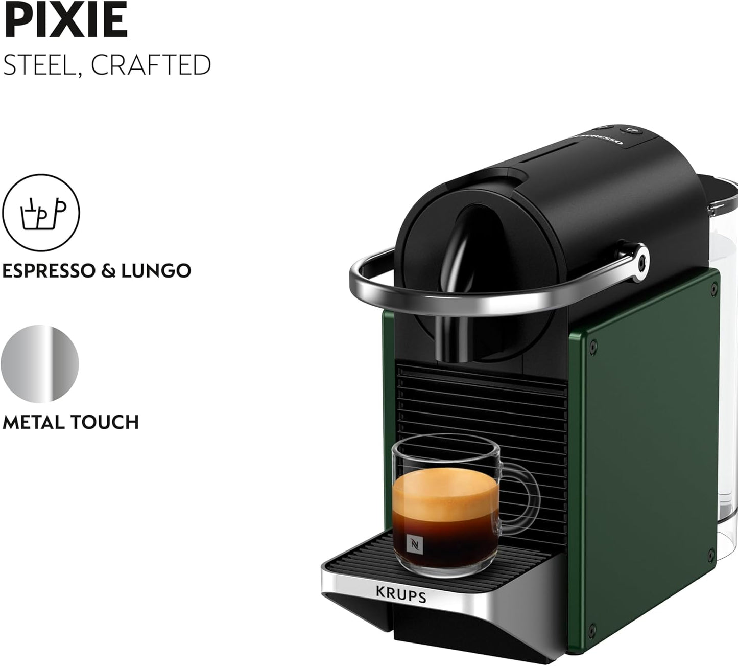 Nespresso Pixie Coffee Pod Machine Bundle by Krups, includes Milk Frother, Caramello Pods and Arpeggio Pods, XN3063G2, Dark Green