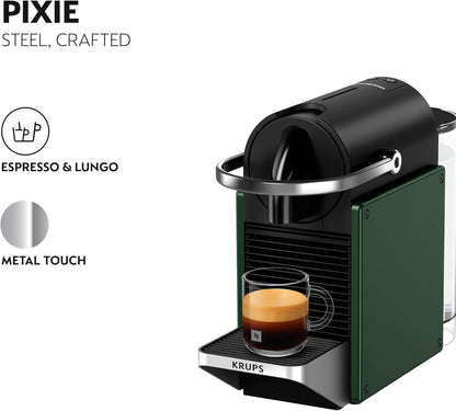 Nespresso Pixie Coffee Pod Machine Bundle by Krups, includes Milk Frother, Caramello Pods and Arpeggio Pods, XN3063G2, Dark Green
