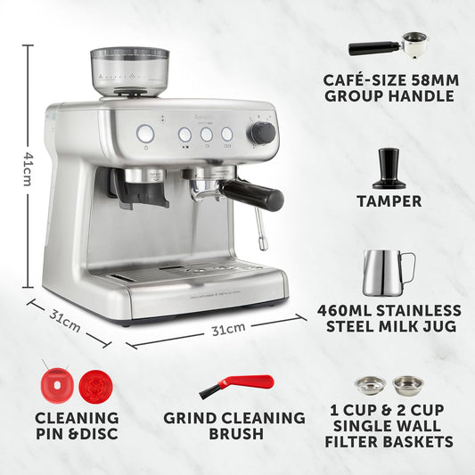 Breville Barista Max Espresso Machine | Latte & Cappuccino Coffee Maker with Integrated Bean Grinder & Steam Wand | 2.8 L Water Tank | 15 Bar Italian Pump | Stainless Steel